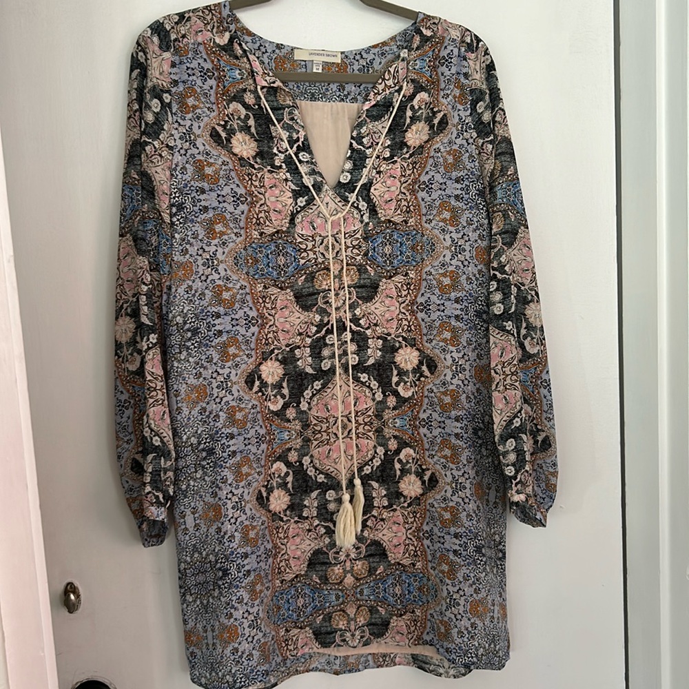 LAVENDER BROWN Multi Print Long Sleeve Tunic Shirt Dress w Tassle Tie